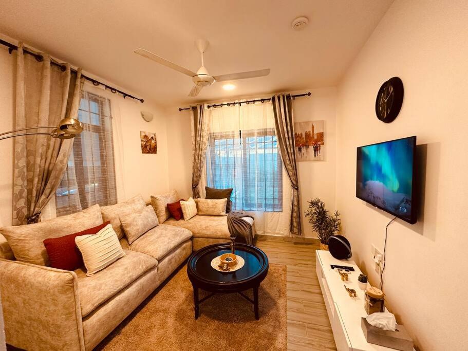 a living room with a couch and a tv at The Cozier, the Better at Oysterbay in Dar es Salaam