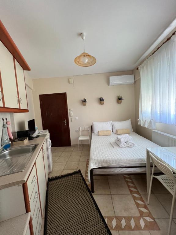 Habitación pequeña con cama y cocina en Stergios_Apartments 01, en Kozani