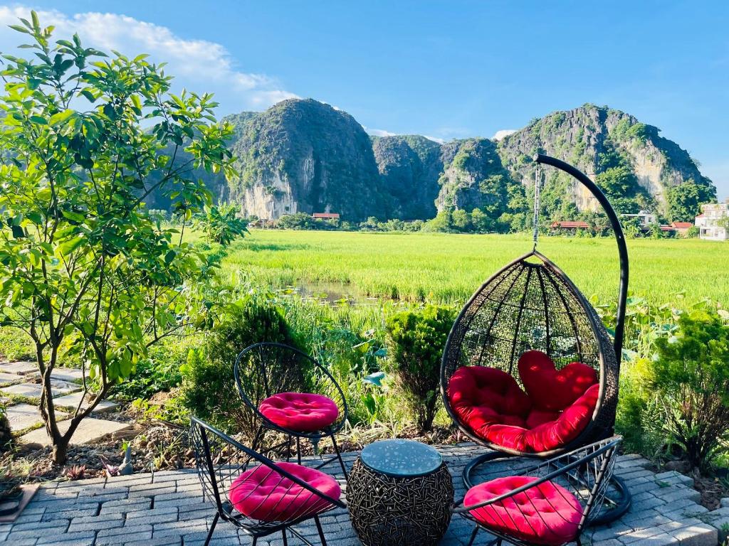 a group of chairs with red cushions and a field at Tam Coc Mountain View Homestay in Ninh Binh