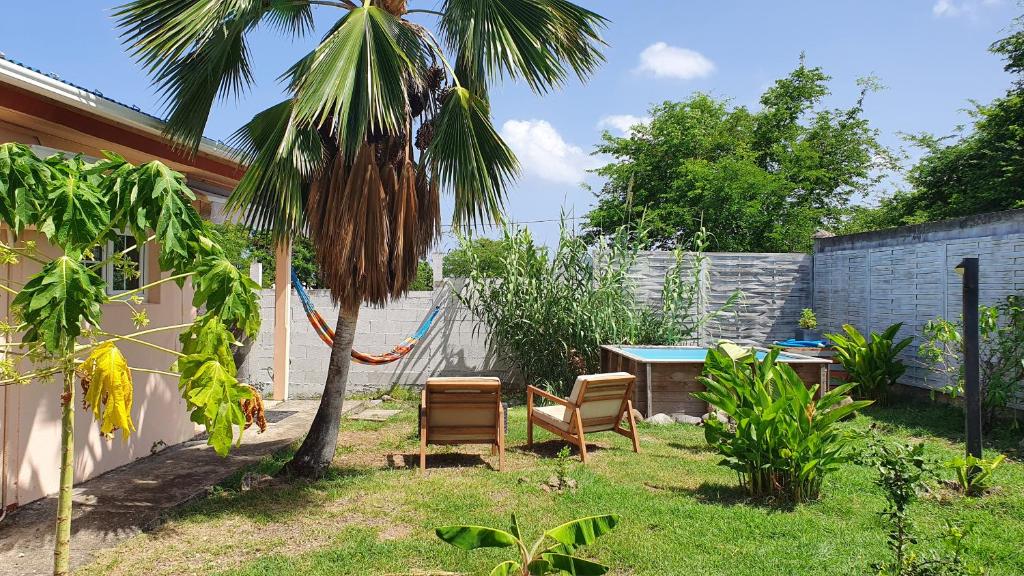 een achtertuin met twee stoelen en een tafel en een palmboom bij Les Ti Kaz a Papé in Deshaies