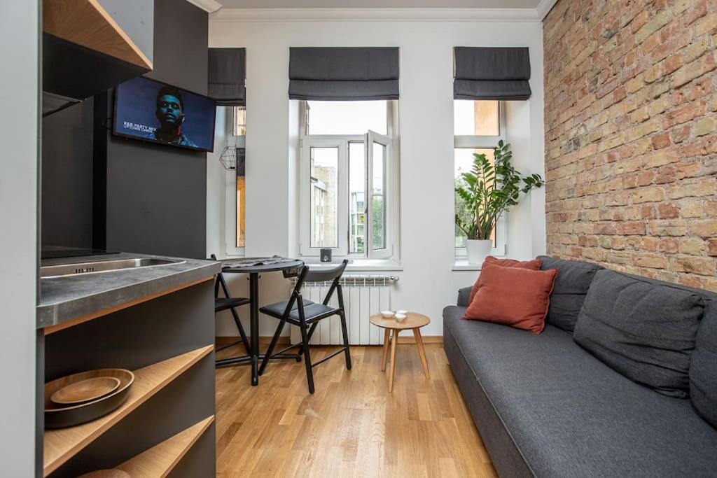 a living room with a gray couch and a kitchen at Design apartments between National Art Museum and Arena Riga in Rīga