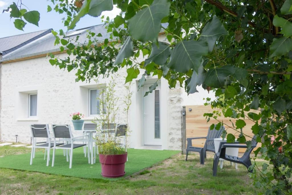 un jardín con sillas y una mesa en un patio en Maison/appartement avec jardin, en Saint-Denis-en-Val