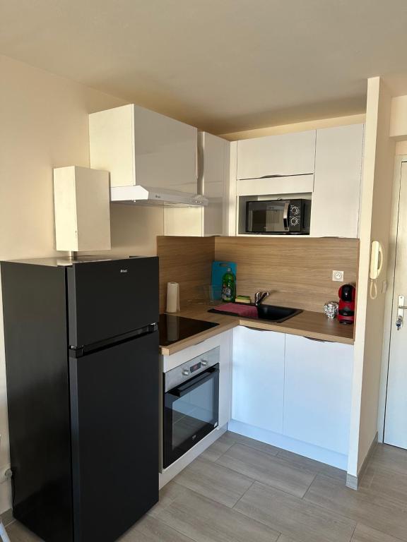 Il comprend une cuisine équipée d'un réfrigérateur noir et de placards blancs. dans l'établissement Le venizio Sète, à Sète