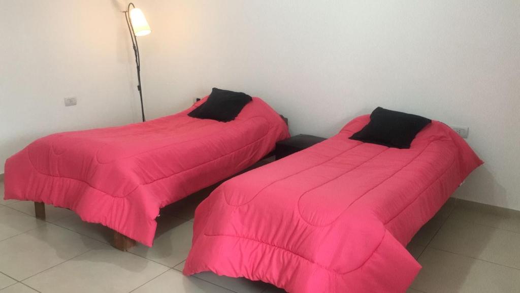 マルコス・ファレスにあるDepartamento centrico monoambiente 1er piso nuevo sencillo Av Belgrano D5のピンクの毛布が備わるベッド2台(1室)