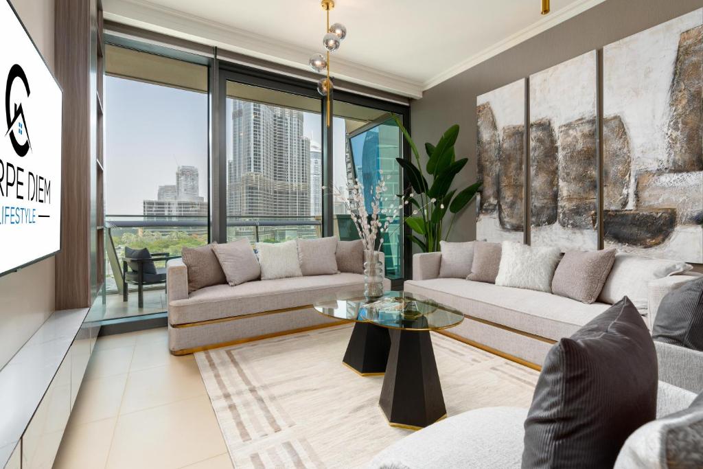 Posezení v ubytování Full Burj Khalifa View Ultimate 2 Bedroom