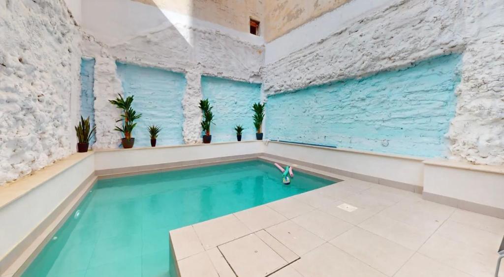 Una piscina con agua azul en una habitación con plantas. en Apartamentos Bretón 17 Double Deluxe, en Alicante