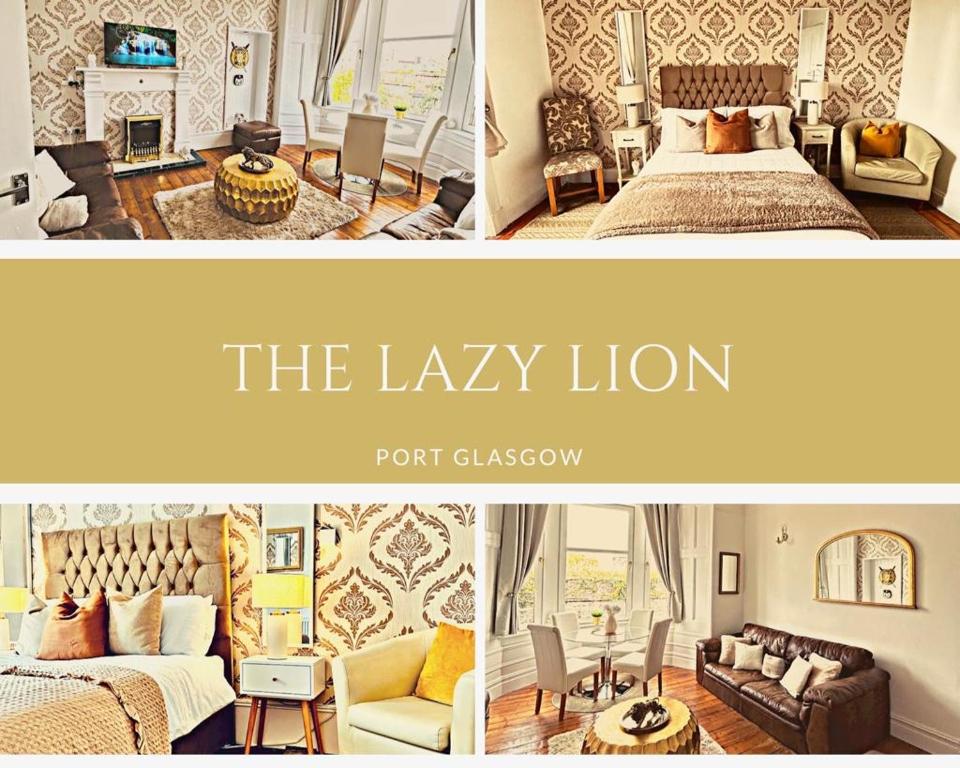 a collage of two pictures of a bedroom and a living room at THE LAZY LION - Spacious 2 Bedroom - Town Centre Holiday Home Apartment in Port Glasgow