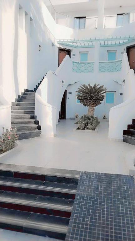 a building with stairs and a palm tree in front of it at Miami Paradise only family للعوايل فقط in Durat  Alarous
