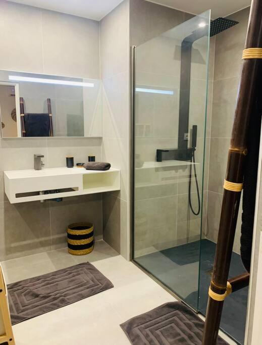 a bathroom with a glass shower and a sink at 120 m2 bord de mer in Saint Martin