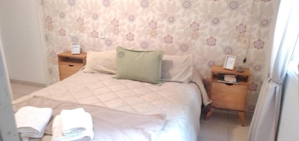Un dormitorio con una cama con una almohada verde. en Departamento MENDOZA QUINTA en Mendoza