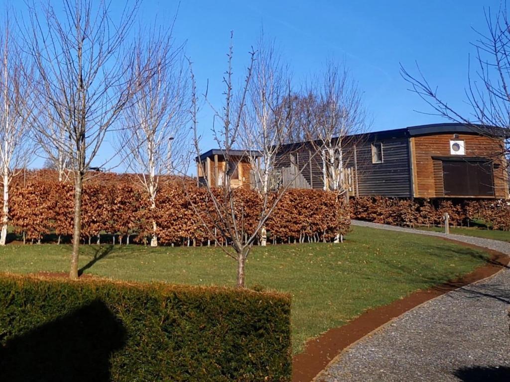 une maison dans une cour avec des arbres devant elle dans l'établissement Quaint Mobile Home with Sauna in Vielsalm, à Vielsalm
