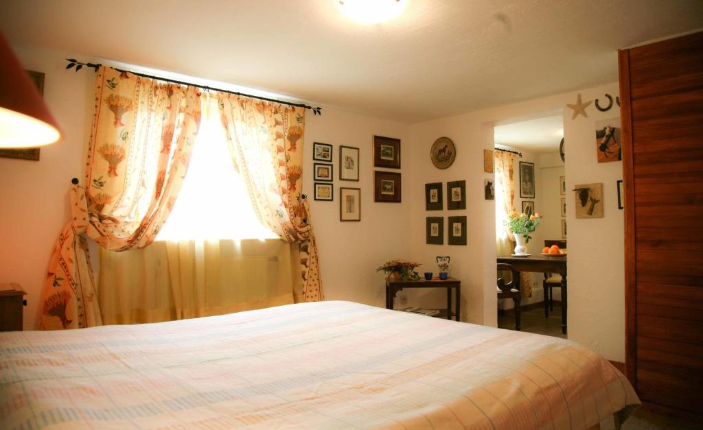 a bedroom with a bed and a window and a desk at Gästehaus Cheval Blanc in Lorch am Rhein