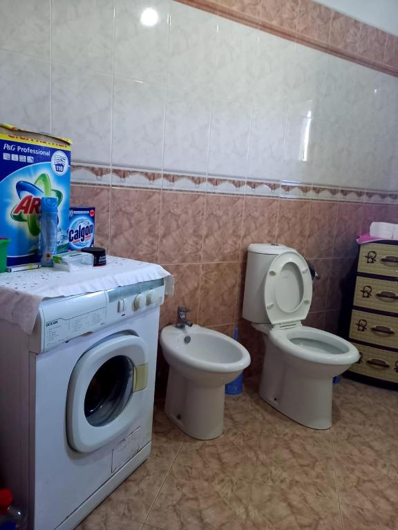 a bathroom with a washing machine and a toilet at GuestHouseMantho in Gjirokastër