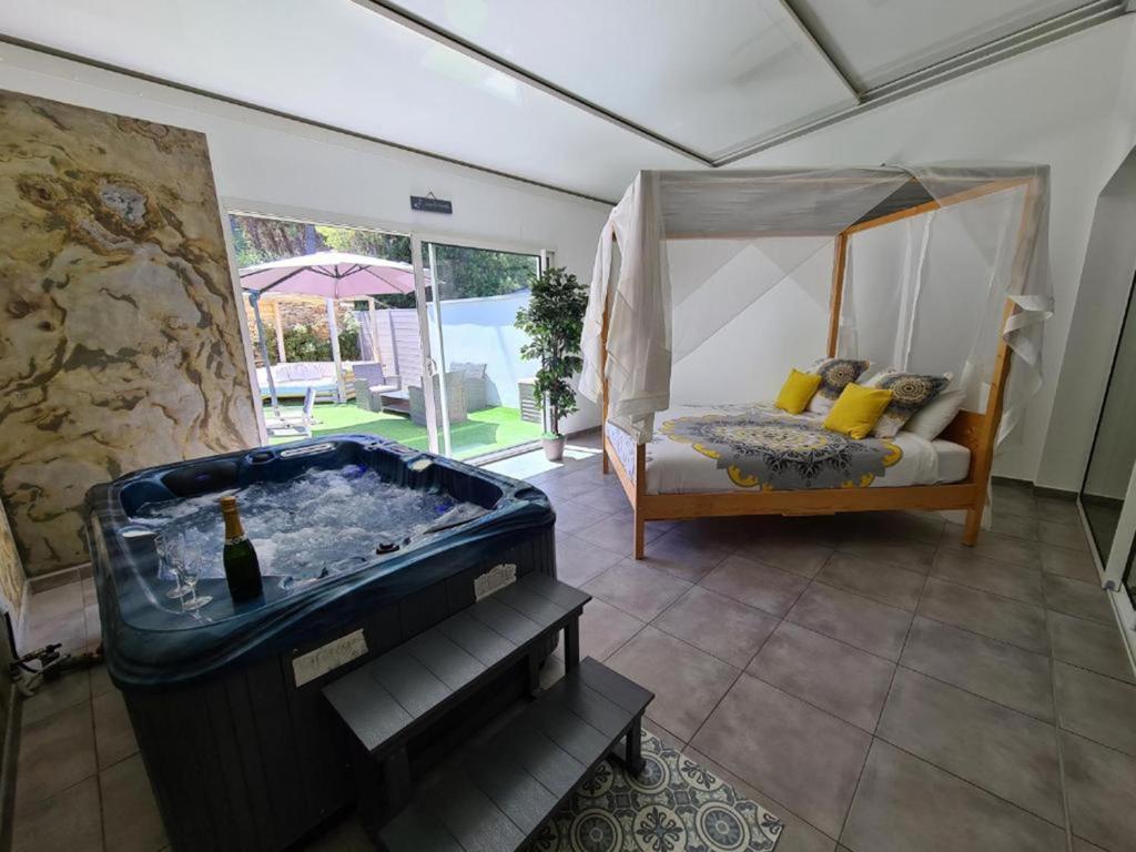 a room with a bath tub with a bed and a bed at Etoiles de Provence BIEN-ETRE in La Ciotat