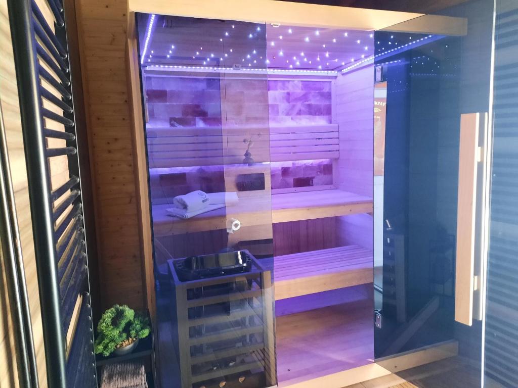 a room with a shower with a bed in it at Holiday&wellness house Grofica in Daruvar