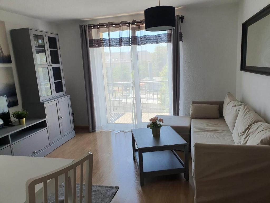 een woonkamer met een bank en een tafel bij Mimalou möbliertes Apartment in Zwickau in Zwickau