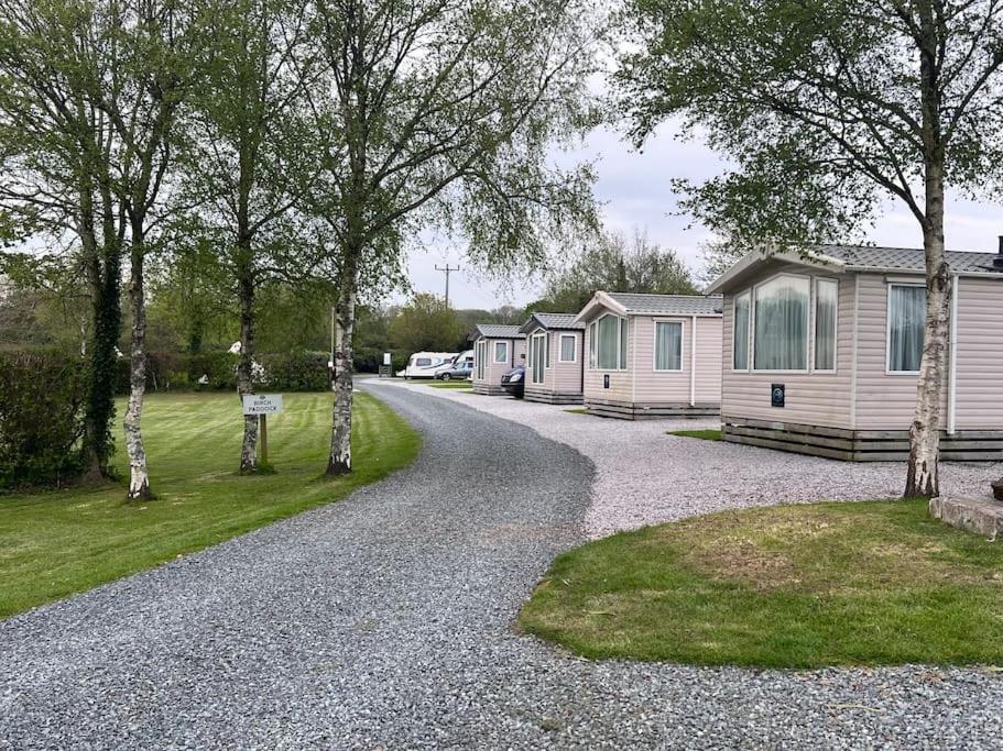 a gravel road leading to a row of mobile homes at Polladras Holiday Park in Helston