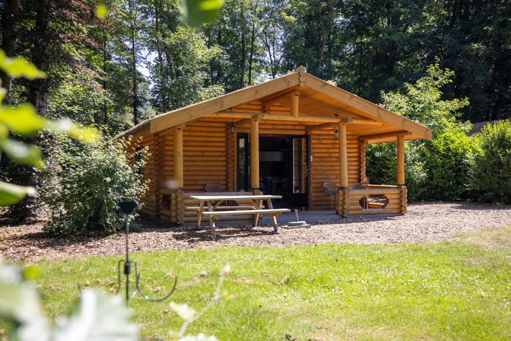 a wooden cabin with a picnic table and a bench at Recreatiepark de Voorst in Kraggenburg