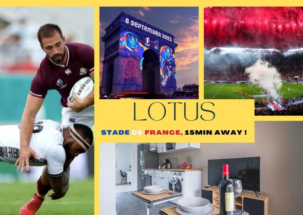 een collage van foto's met een voetballer en een spel bij LE LOTUS - Self Checkin - 20min from Paris - Free Parking around in Drancy