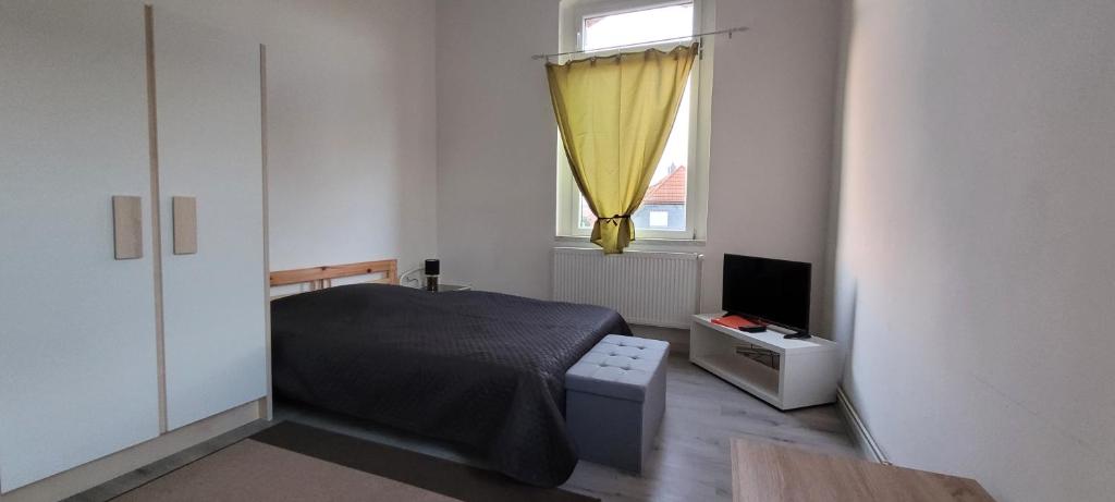 Schlafzimmer mit einem Bett, einem Fenster und einem TV in der Unterkunft Ap 4 35qm bei Oschersleben und Helmstedt in Ausleben
