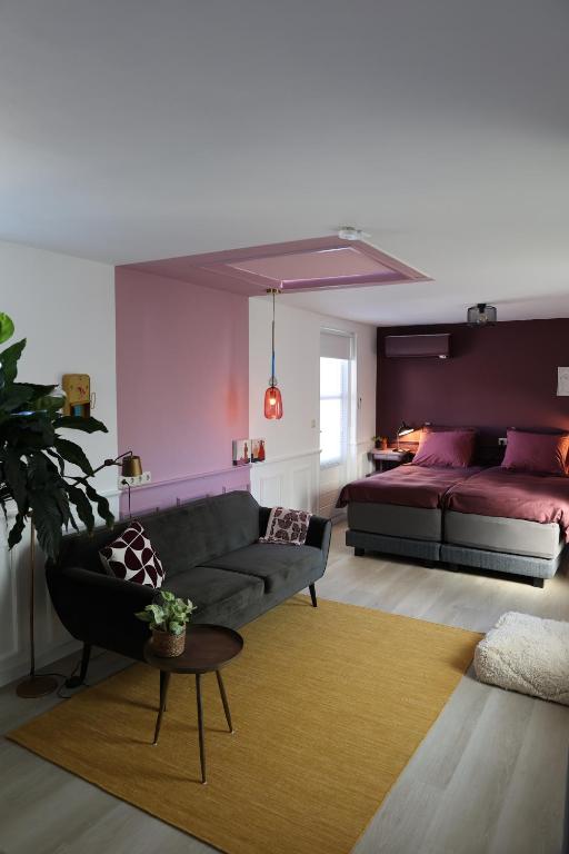 ein Wohnzimmer mit einem Sofa und einem Bett in der Unterkunft B&B nr.15 in Vries