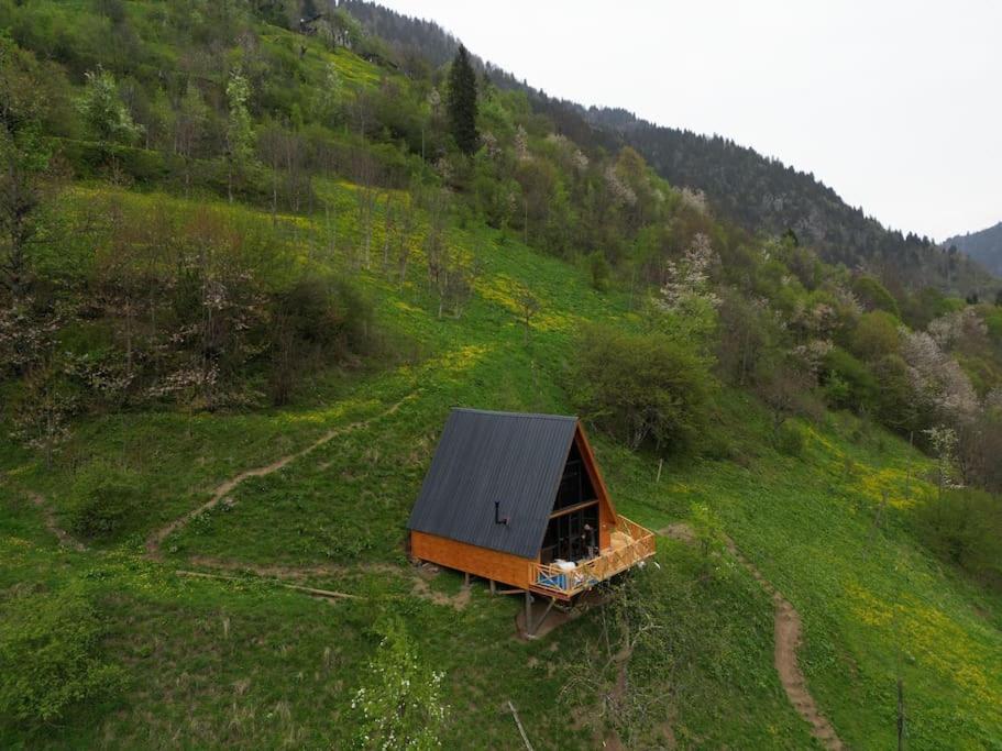 une petite cabine sur le côté d'une colline dans l'établissement Meydan Şimşir Bungalov, à Çamlıhemşin