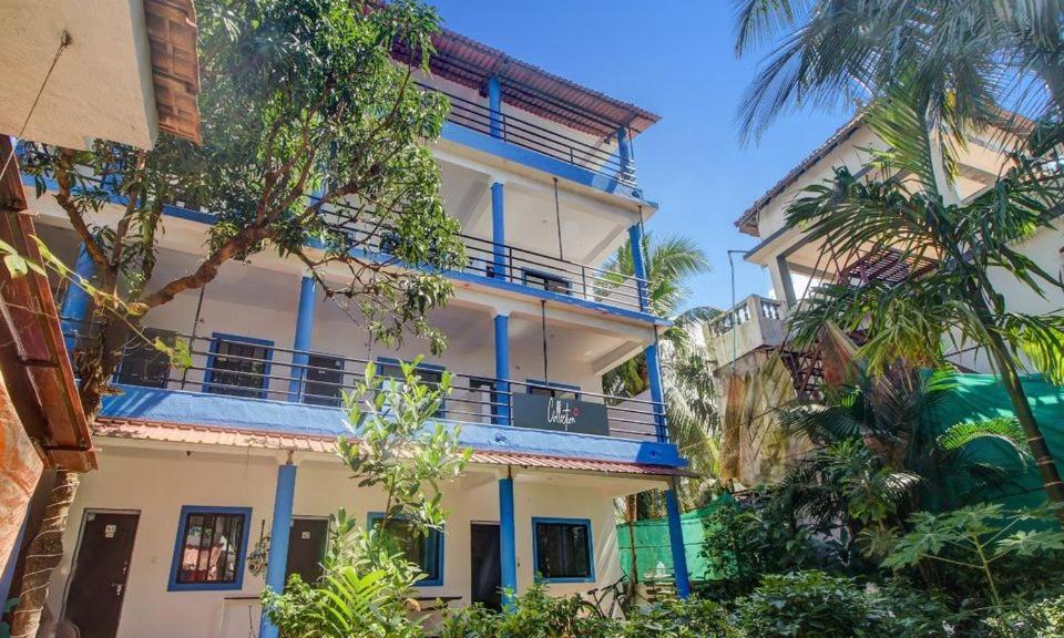 un edificio blanco con balcones azules y palmeras en Aqua Vista, 