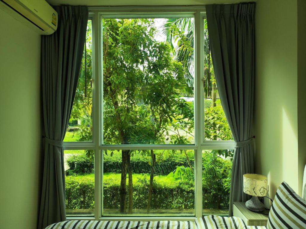 a window with a view of a tree at 2 Floor - The Base Downtown Condominium next to Central Shopping Mall in Phuket Town