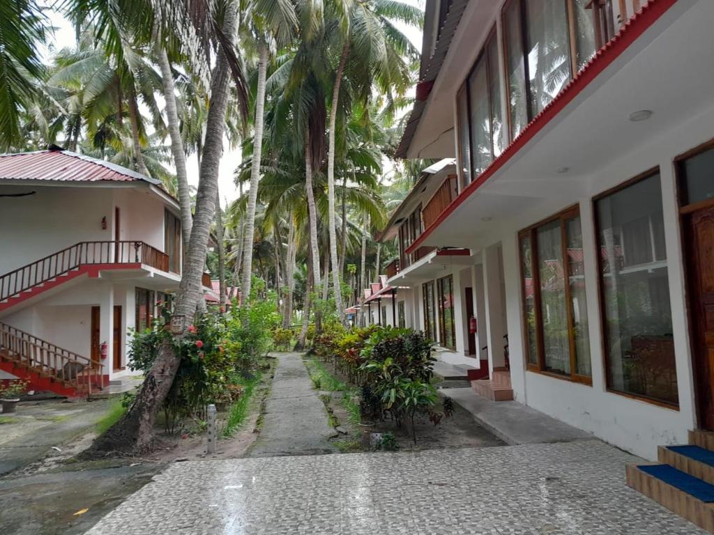 an empty street in front of a building with palm trees at Crossbill Beach Resort in Havelock Island