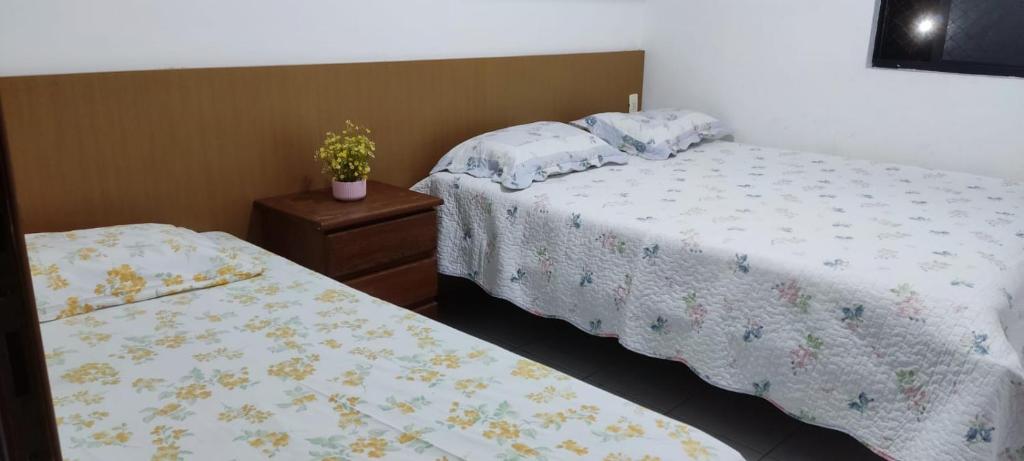 um quarto com duas camas e uma planta numa mesa de cabeceira em Apto Completo - Vila do Mar - Beach Park - PDD em Aquiraz