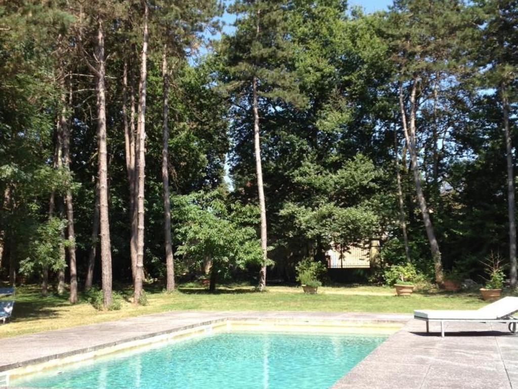 basen z ławką obok niektórych drzew w obiekcie Prieuré restauré avec jardin, charme ancien et commodités modernes, près de l’église à Beaulieu - FR-1-653-145 w mieście Beaulieu-sur-Sonnette