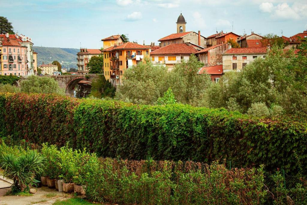 a view of a city from behind a hedge at Le camere del Cappello Verde in Ivrea