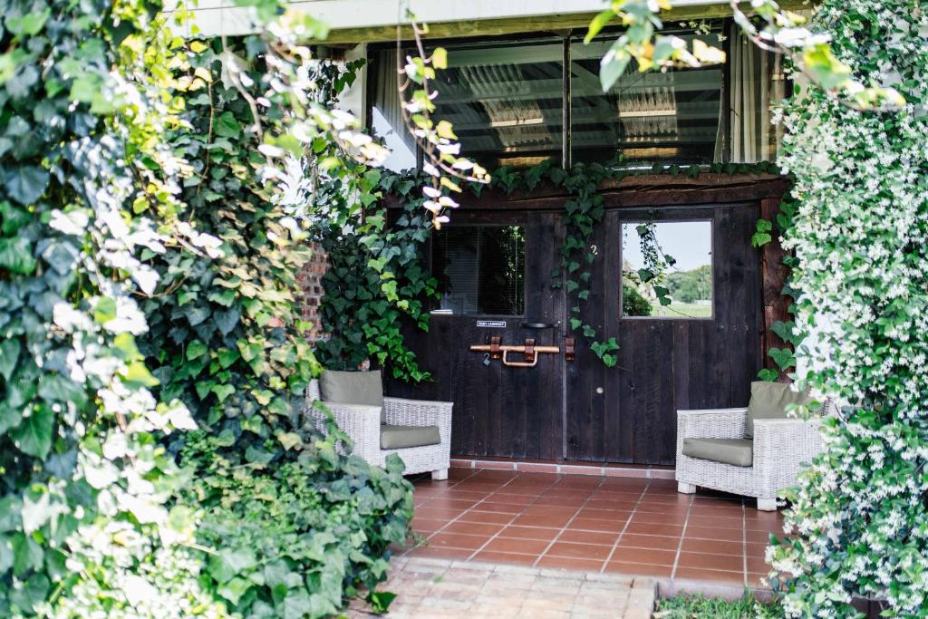 a porch with a wooden door with ivy at Upington African Vineyard Boutique Hotel & SPA in Kanoneiland