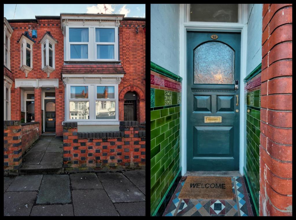 two photos of a blue door on a brick building at Fliss's House in Leicester