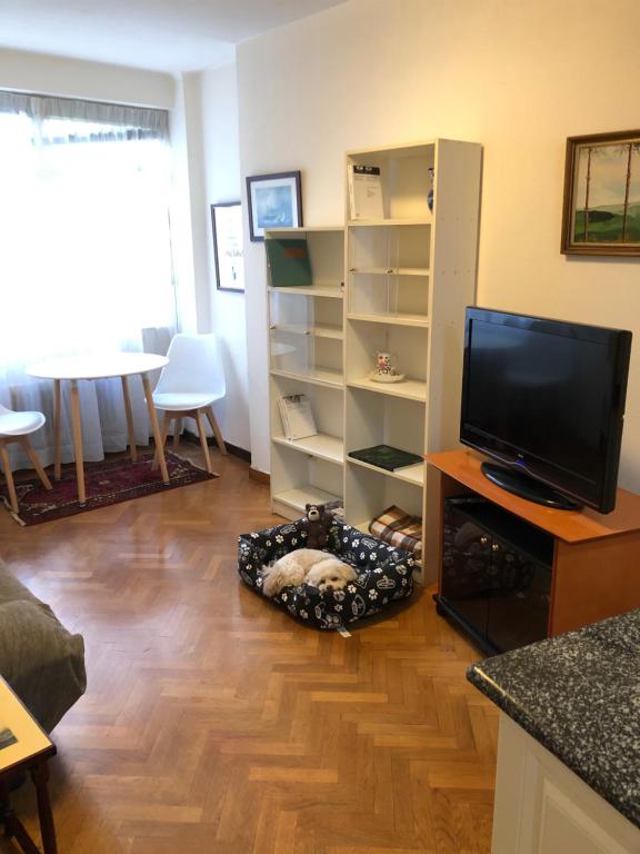 uma sala de estar com uma televisão de ecrã plano num piso de madeira em Apartamento en el centro na Corunha