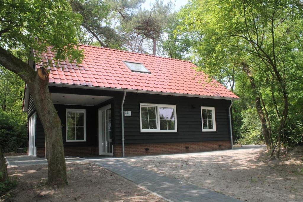 een klein zwart huis met een rood dak bij Kellux vakantiewoning - Heleen in Mariënberg