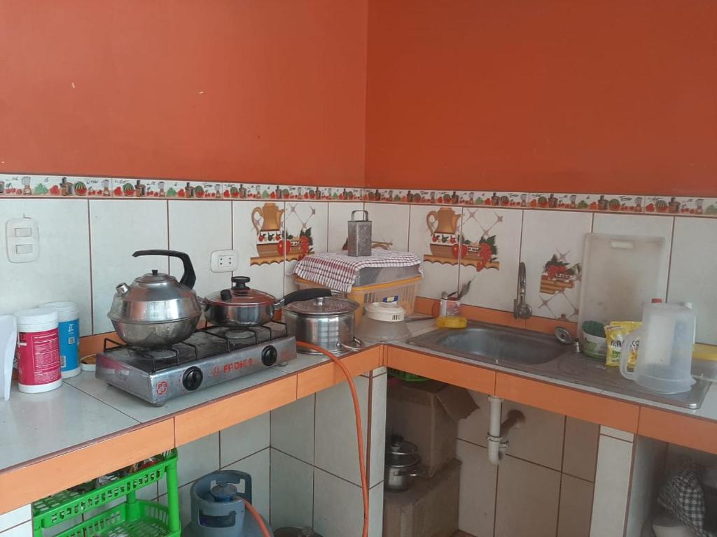 a kitchen counter with a stove and a sink at CUARTO TINGALES in Tingo María