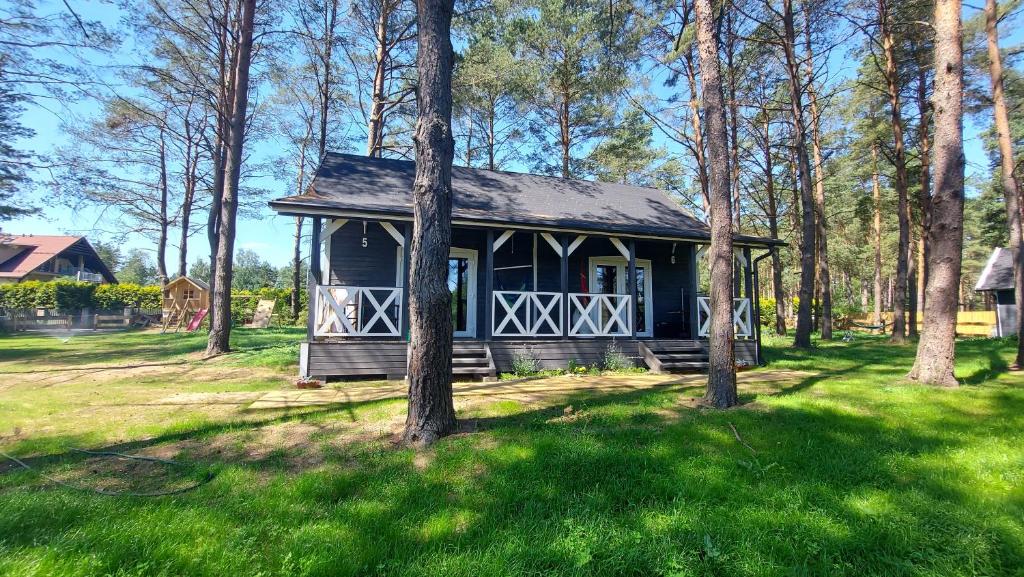 une petite maison bleue au milieu des arbres dans l'établissement Farwne checze, à Wdzydze Kiszewskie