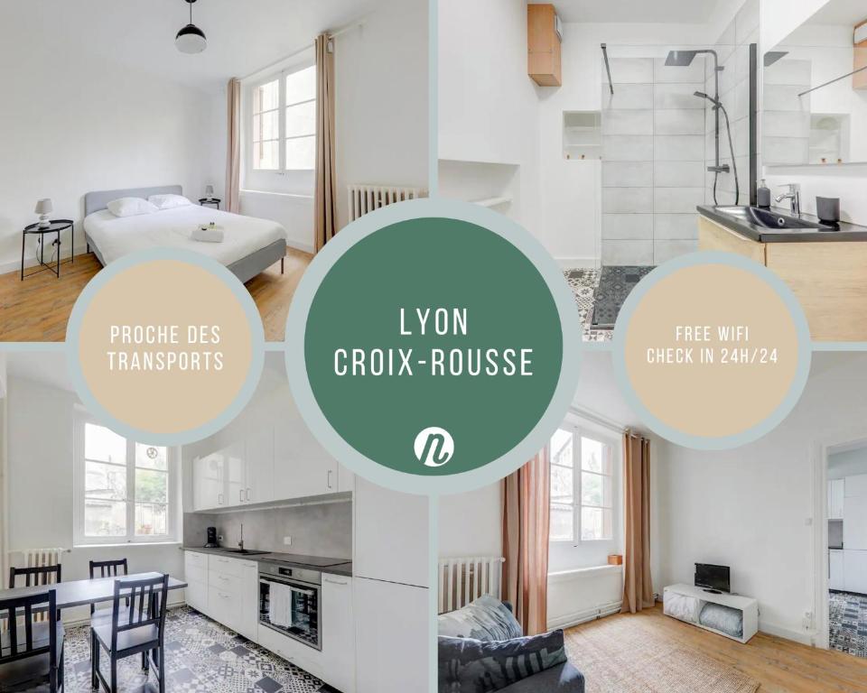 un collage de fotos de una cocina y una sala de estar en Le White Cozy - Lyon - Croix Rousse en Lyon