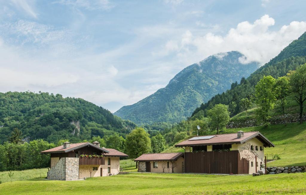 zwei Gebäude auf einem Feld mit Bergen im Hintergrund in der Unterkunft Quader nidi nel verde in Bienno