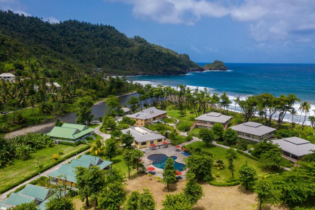Rosalie Bay Eco Resort & Spa في Rosalie: اطلالة جوية على المنتجع والمحيط
