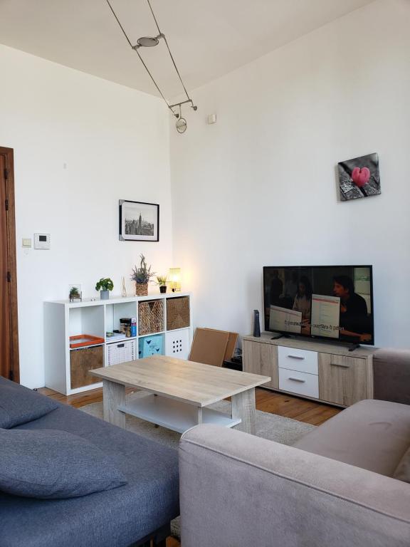 a living room with a table and a tv at Appartement bien-être in Liège