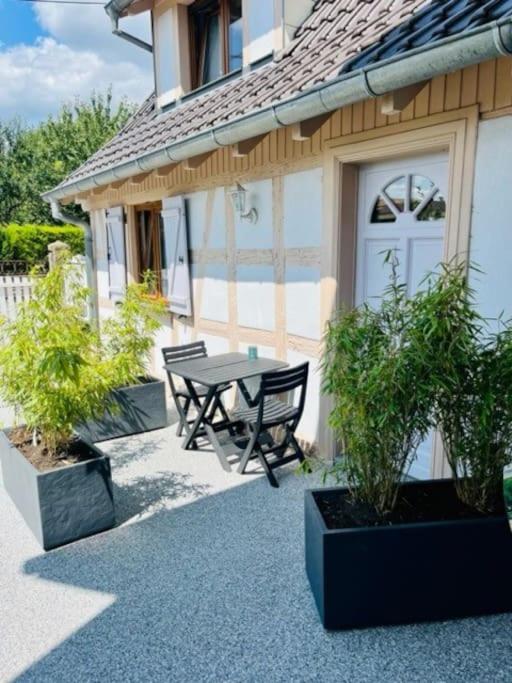 un patio avec une table et des chaises devant une maison dans l'établissement S'Hiesele petite maison alsacienne typique, à Ittenheim