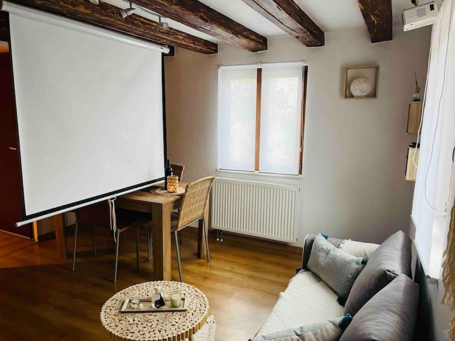 a living room with a couch and a large screen at S'Hiesele petite maison alsacienne typique in Ittenheim