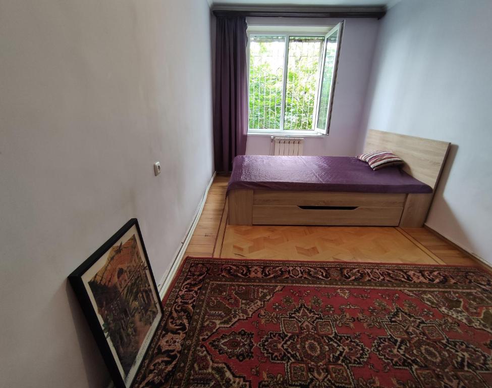 um quarto com uma cama, uma janela e um tapete em 1 Bedroom Cosy Apartment near Botanical Garden em Yerevan