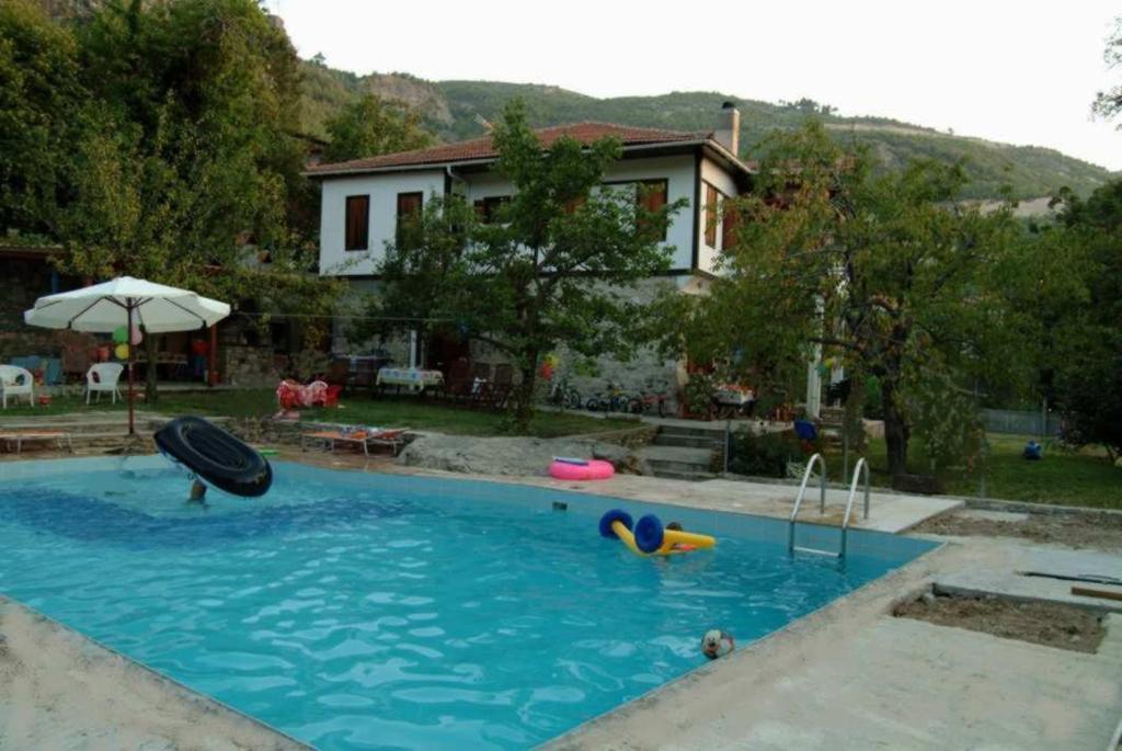 una piscina con objetos inflables en el agua en Doctors' House Upper, en Mikrós Prínos