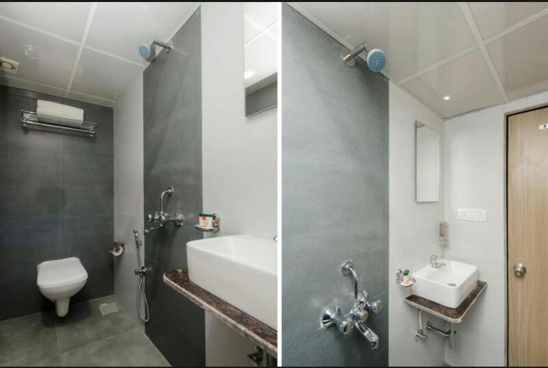 two pictures of a bathroom with a toilet and a sink at Hotel Golden Arch - NEAR DOMESTIC AIRPORT in Mumbai