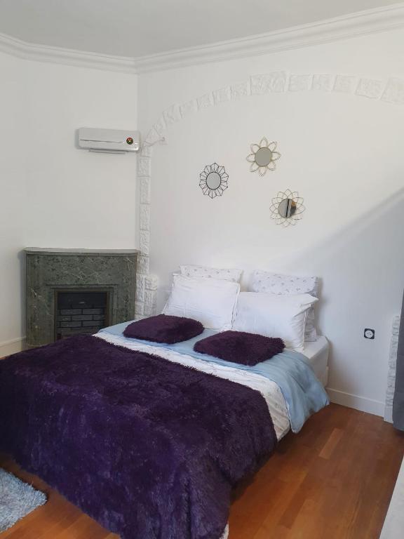 sypialnia z łóżkiem z fioletową pościelą i kominkiem w obiekcie Studio/Bourget/CDG/Villepinte w mieście Aulnay-sous-Bois