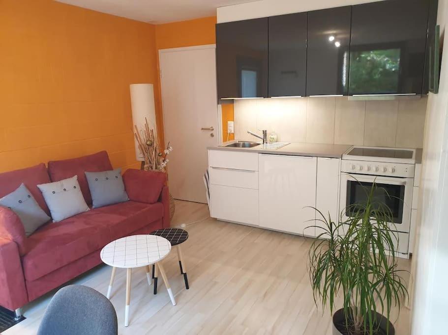 un soggiorno con divano rosso e una cucina di Studio agréable avec accès indépendant. a Yverdon-les-Bains