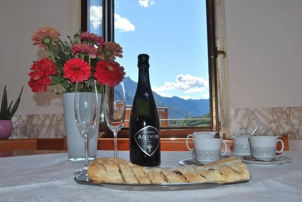 eine Flasche Wein und ein Teller Brot und Weingläser in der Unterkunft Valsugana, Lagorai, Laghi, Arte Sella in Rundscheinberg